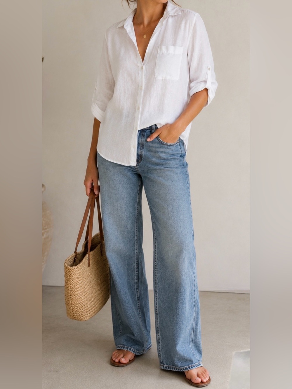 White 100% Linen Button Front Roll Tab Sleeve Shirt Blouse Minimalist
